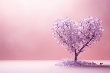 Romantic Valentine's Day backdrop:Purple crystal heart - shaped tree against a pastel peach backdrop, creating a whimsical Valentine's Day atmosphere,copy space.