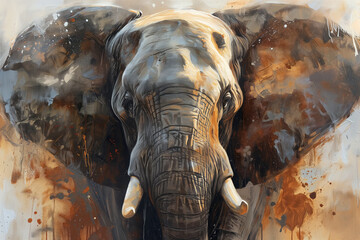 Digital oil painting of elephant, closeup front view portrait