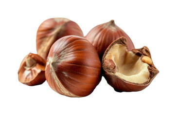 Close up of Hazelnuts isolated on transparent png background, types of nuts concept, popular nutrients and high protein snack, essential fiber and healthy fats.
