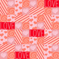 Vector abstract, seamless geometric pattern of pink tiles with a heart and the inscription love, for Valentine's Day. Fashionable cage. for print, paper, Internet, social networks.