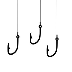 Vector illustration of three fishing hooks hanging on a white background. Fish trap concept in the sea. Fish catching. - obrazy, fototapety, plakaty