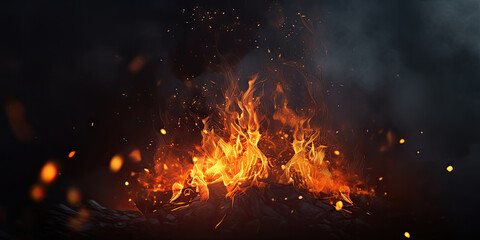 A close up of a fire with lots of flames and smoke. This asset is perfect for adding intensity and drama to creative projects such as posters, book covers, and digital artwork. - obrazy, fototapety, plakaty
