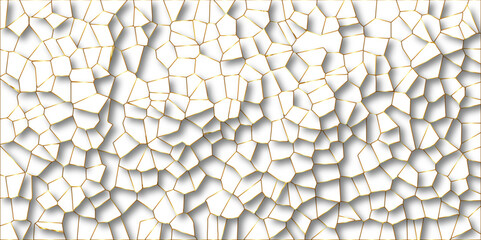 Abstract white paper cut shadows background realistic crumpled decoration textured with multi layers.Broken tiles mosaic seamless pattern.white gravel with golden line wallpaper. vector illustration.