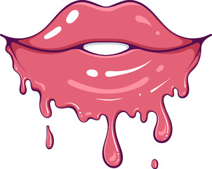 Red dripping girl lips with lipstick, gloss. Sexy female mouth makeup. Vector illustration in hand drawn cartoon style isolated on white. Cute melted groovy lips.