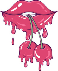 Red dripping girl lips with cherries. Sexy female mouth with lipstick, gloss makeup. Vector illustration in hand drawn cartoon style isolated on white. Cute melted groovy lips love design