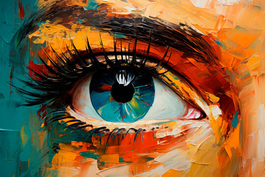 Closeup of an eye painted with thick vibrant paint brush strokes.