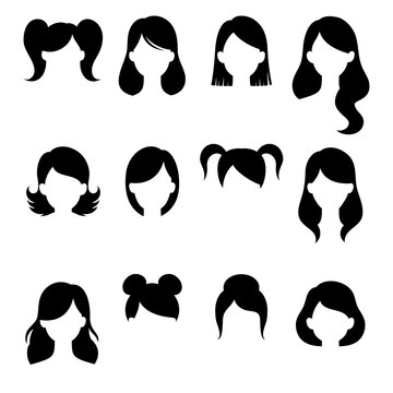 Female fashion hairstyle set. Woman head with haircuts, ponytail and bun. Different various hairstyles icon. Vector illustration