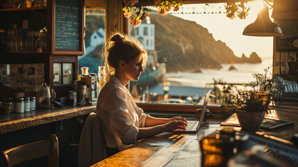 Digital nomad working remotely on laptop at home office by British beach - obrazy, fototapety, plakaty