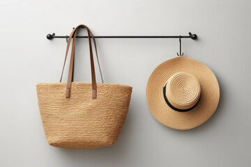 A straw hat and a straw hat hanging on a wall. This versatile asset is perfect for summer-themed designs, outdoor events, gardening or as a decorative element in advertising and promotional materials.
