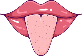 Lips sticking tongue out or lick. Sexy female mouth with lipstick, gloss. Vector illustration in hand drawn cartoon style isolated on white. Cute groovy lips love design