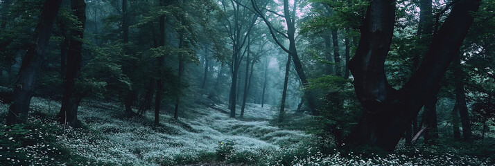 Misty forest with flowers and vegetations