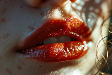Close-up of Lips with Bold Lipstick Shades and Precision Details of young white girl