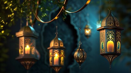 Obraz premium Arabic lantern of ramadan celebration background. Islamic holiday banner.