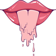Lips sticking melting tongue out or lick. Sexy female mouth with lipstick, gloss. Vector illustration in hand drawn cartoon style isolated on white. Cute groovy lips