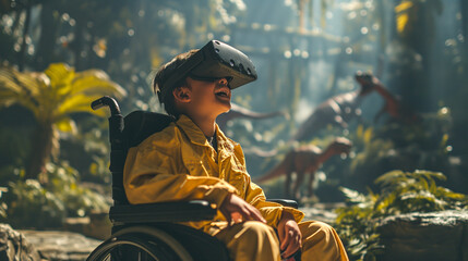 Young disabled boy in wheelchair VR gaming with VR headset in a virtual scene with dinosaurs