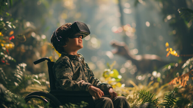 Young disabled boy in wheelchair VR gaming with VR headset in a virtual scene with dinosaurs