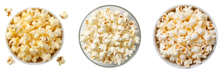 Set of salty popcorn top view on transparent background