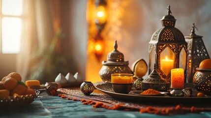 Ramadan kareem. Festive still life with oriental lantern
