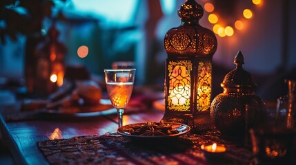 Ramadan lantern and foods. Festive still life with oriental lantern