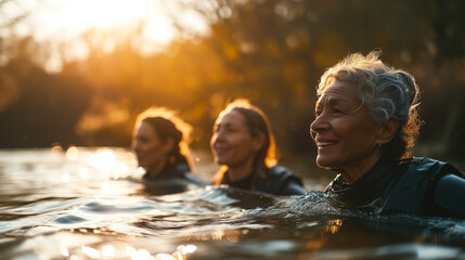 Multigenerational family members cold water swimming in a lake - Powered by Adobe