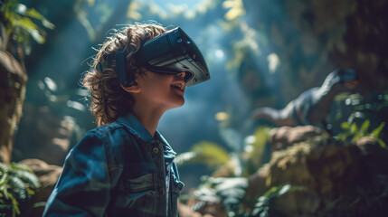 Young boy VR gaming with VR headset in a virtual scene with dinosaurs