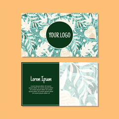 Business card template, leaves seamless pattern vector design. Double-sided creative business card template. Landscape orientation. Vector illustration.
