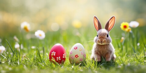 Easter bunny in green grass with painted eggs, sunny day, egg hunt, Happy Easter banner background