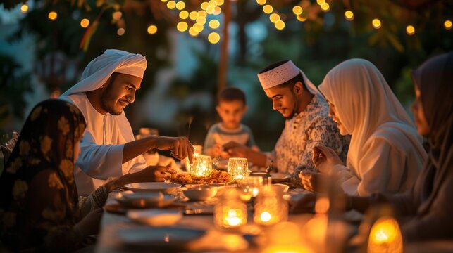 Arabian family eating iftar in Ramadan. Break fasting during Ramadan.