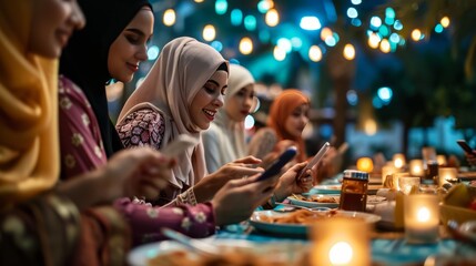 Fototapeta premium Arabian family eating iftar in Ramadan. Break fasting during Ramadan.
