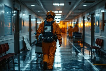 A paramedic rushing through hospital corridors