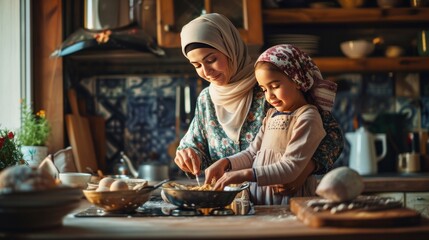 Muslim mother and daughter are cooking. Eid al-Fitr celebrations.