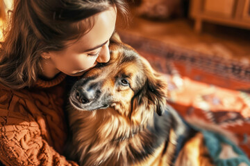 Naklejka premium Sad cute dog ill. Doggy gets sick and looks sad in arms of owner on carpet at home. Concept of pet, friendship and pet health care