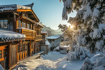 Kissenbezug Generative AI, Enchanting Winter Wonderland: Captivating Snow Town Landscape © Eli