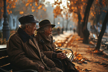 Fototapeta na wymiar An elderly couple holding hands and laughing together on a park bench, their faces illuminated by genuine smiles that reflect their shared happiness