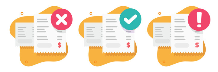Bank payment receipt invoice success paid icon vector graphic illustration flat set, bill error fraud attention status check, order pay fail expire notice, rejected cancelled money transaction image - obrazy, fototapety, plakaty