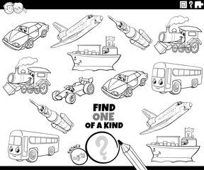 one of a kind game with cartoon vehicles coloring page