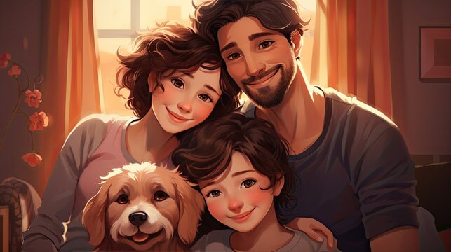 Drawn happy family with a dog on cauch in the house.