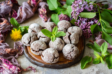 Sweet dessert: peppermint gingerbread with cracks for breakfast. Chocolate gingerbread cookies. Close-up