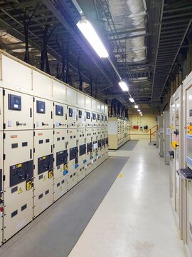 Electrical medium voltage switchgear panel in power plant switchgear room.