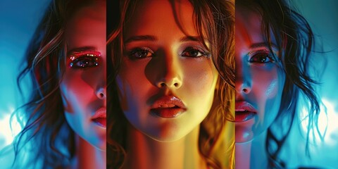 Fototapeta premium Three women with different makeup looks at the camera. Cinematic light, partially superimposed portraits on different pannels.