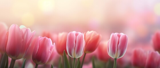 Obraz premium Beautiful pink Tulip on a blurred spring sunny background. bright pink tulip flower background for the spring or love concept. beautiful natural spring scene, texture for design, copy space. banner