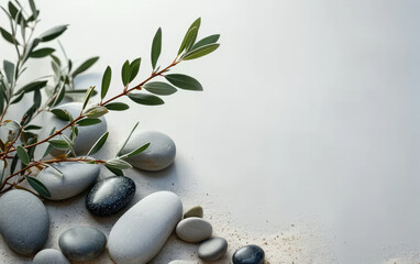 Fototapeta na wymiar A branch of olive leaves and stones on a white background. This versatile asset is suitable for various designs like wellness and spa, nature and environment, and Mediterranean-inspired themes. 