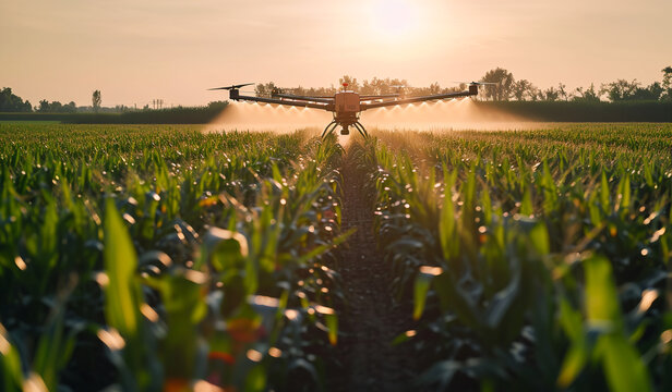 A drone is spraying pesticide on a corn field.
