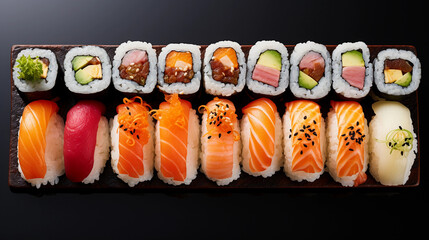 Diverse Sushi Rolls on Minimalist Background for an Elegant Japanese Cuisine Presentation
