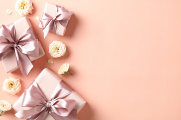 Happy Valentines Day flat lay composition with gift boxes and flowers on peach fuzz color background. - obrazy, fototapety, plakaty