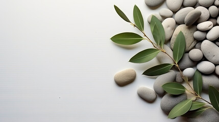 Obraz na płótnie Canvas A branch of olive leaves and stones on a white background. This versatile asset is suitable for various designs like wellness and spa, nature and environment, and Mediterranean-inspired themes. 
