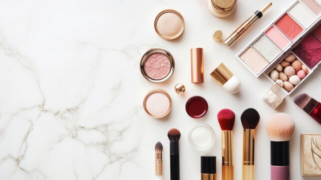 Variety of make-up products on marble background, Cosmetics wallpaper idea