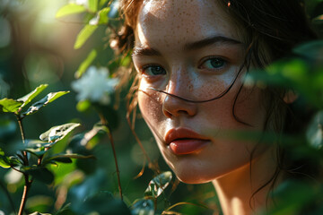 Closeup portrait of young lady between green tree branches in spring time garden