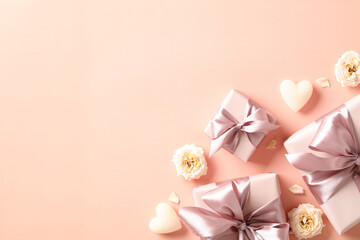 Happy Valentines Day banner template. Flat lay gift boxes with pink ribbon bow, heart shaped candles, flowers on peach fuzz color background. View from above.