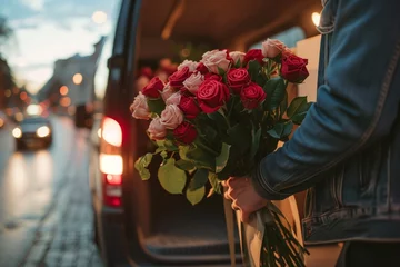  Flowers delivery concept. Man holding bouquets of roses and putting them in the delivery minibus © paffy
